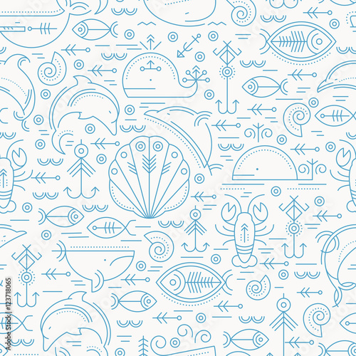 Vector seamless pattern with outlined sea animals signs