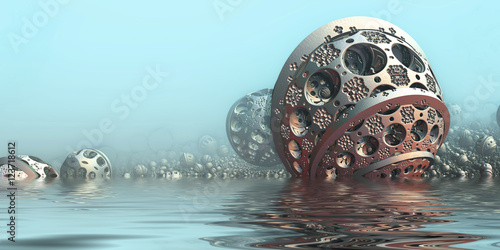 Tło z fantastycznymi kulkami 3D w wodzie, abstrakcyjny projekt sci fi.