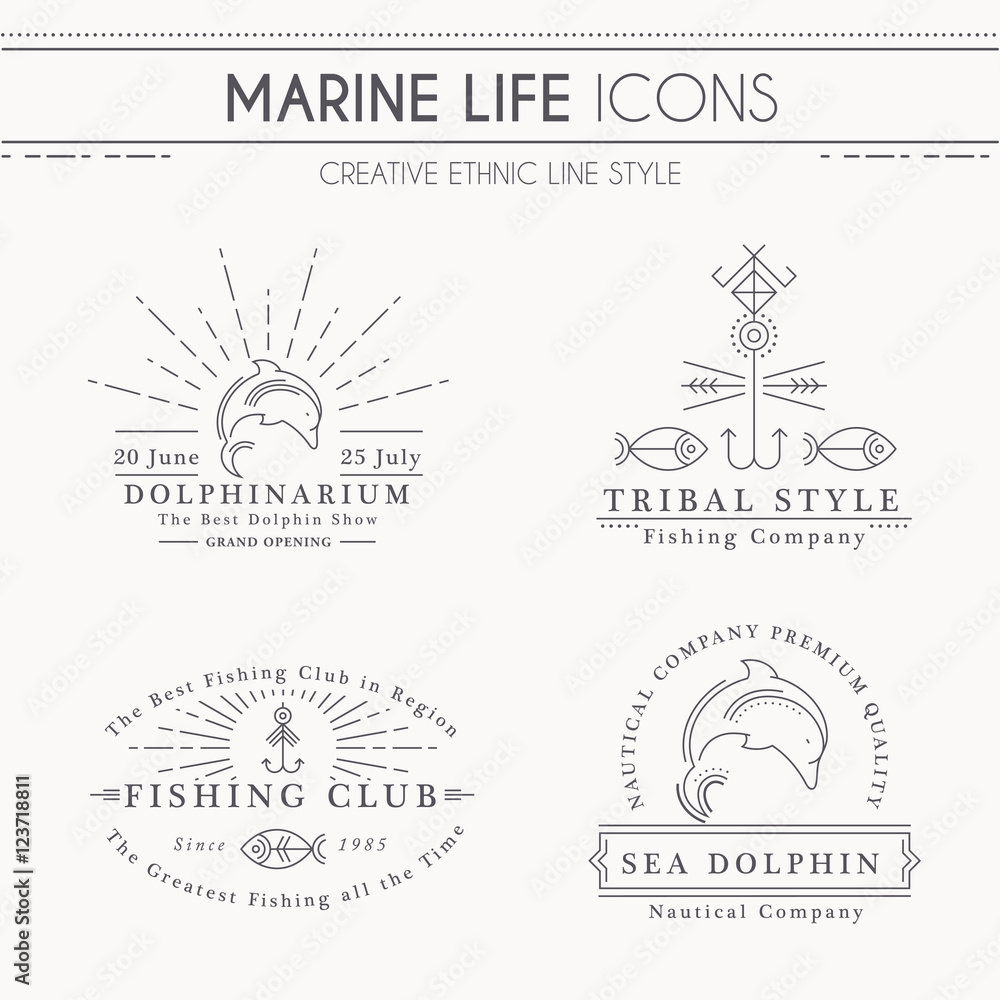 Premium class emblems with sea dolphin, dolphinarium, fishing club Premium class emblems with sea dolphin, dolphinarium, fishing club