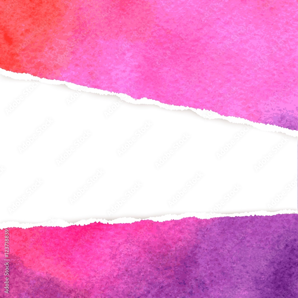 Bright abstract purple watercolor background with realistic torn paper in the middle. Vector illustration.