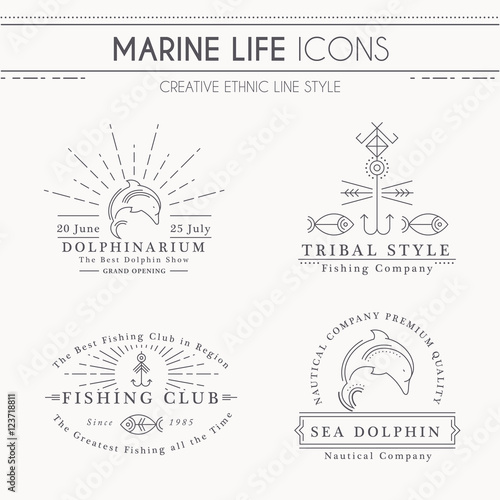 Premium class emblems with sea dolphin, dolphinarium, fishing club