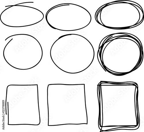 Hand drawn scribble, set of circle and square doodle frames, isolated on white background. Vector illustration.