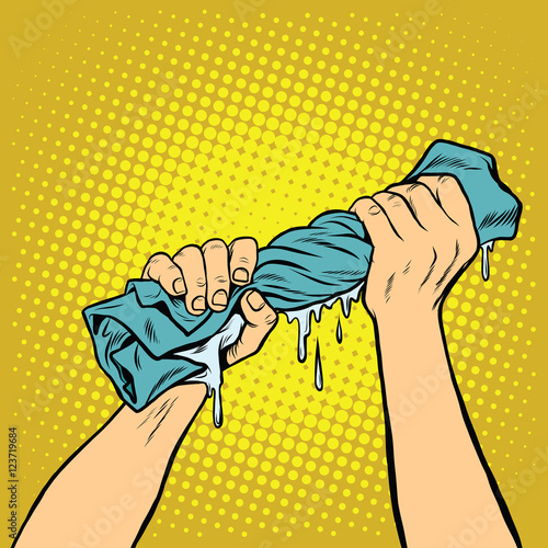 retro hands squeezed the wash cloth