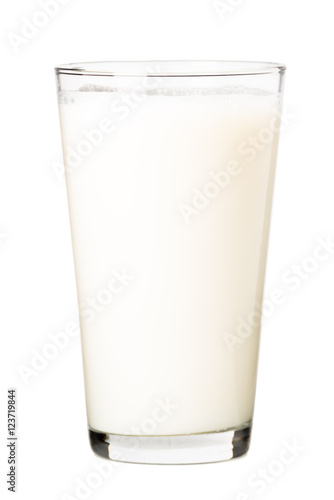 Tall pint glass of whole lowfat nonfat skim non-dairy organic milk isolated on white background