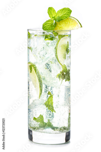 Traditional Cuban Mojito rum cocktail in tall highball glass with lime and mint garnish isolated on white background