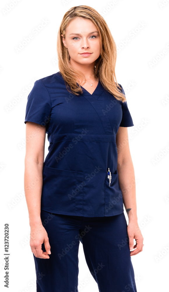Fototapeta premium Female woman doctor Nurse practitioner dentist hygienist therapist vet tech veterinarian with ams at sdes isolated on white background