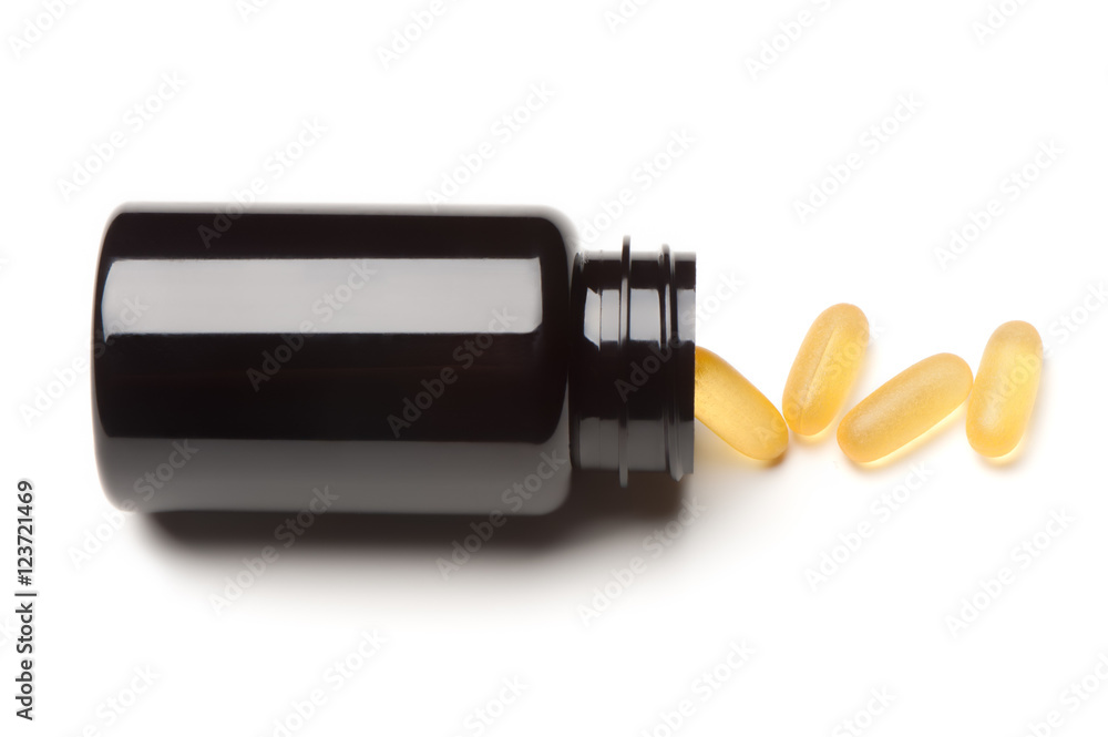 Medicine Vitamin Pill Fish Oil Bottle isolated on white background Medicine Vitamin Pill Fish Oil Bottle isolated on white background