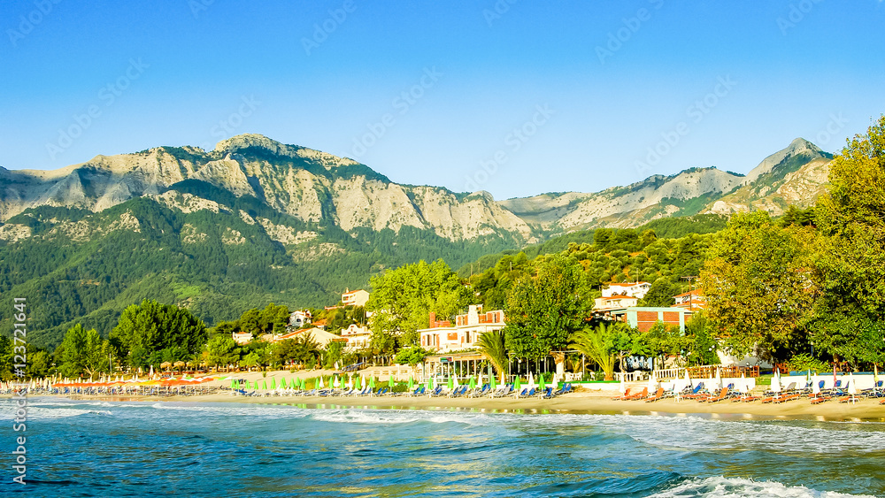 Fototapeta premium Psili Ammos beach, Thassos island, Greece. It is known as Golden beach. It is situated between Skala Panagia and Skala Potamia.
