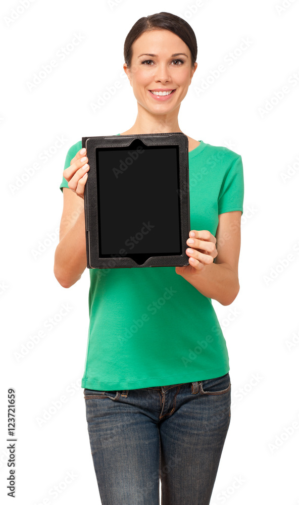 Casual Young Woman Showing Digital Tablet Computer isolated on white background Casual Young Woman Showing Digital Tablet Computer isolated on white background