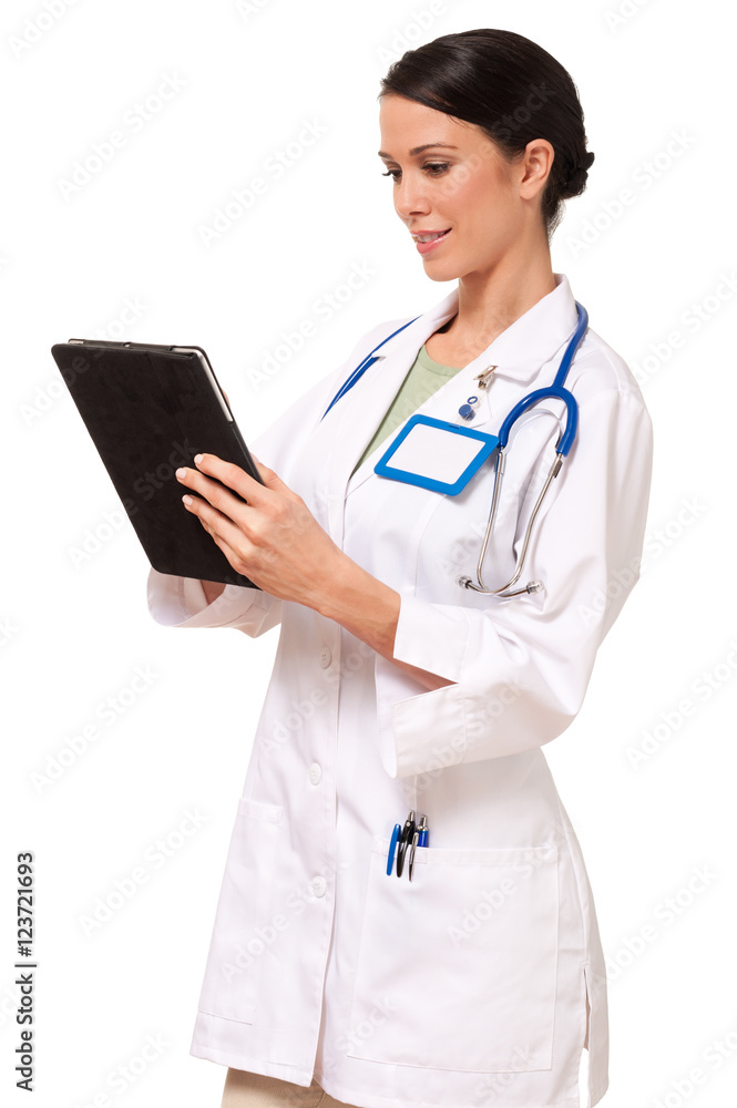 Woman Doctor Nurse with Tablet Computer isolated on white background Woman Doctor Nurse with Tablet Computer isolated on white background