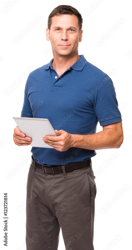 Causal dress businessman supervisor engineer architect sales representative in polo shirt with digital tablet isolated on white background Causal dress businessman supervisor engineer architect sales representative in polo shirt with digital tablet isolated on white background