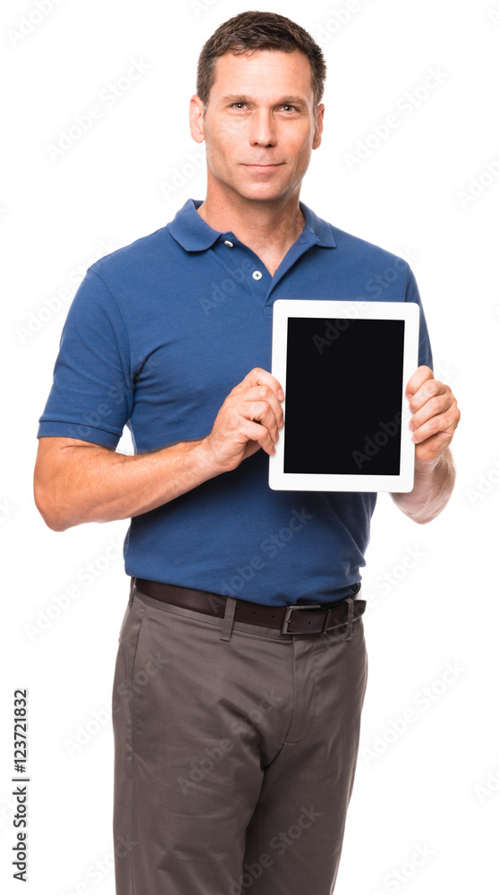 Causal Businessman Showing Digital Tablet isolated on white background Causal Businessman Showing Digital Tablet isolated on white background