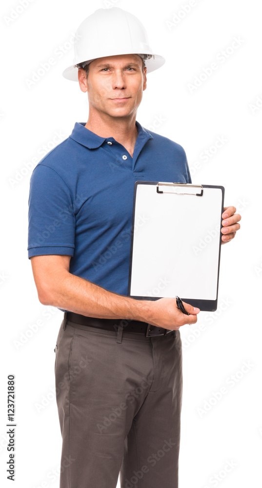Causal Businessman Architect Engineer Showing Clipboard on White Causal Businessman Architect Engineer Showing Clipboard on White