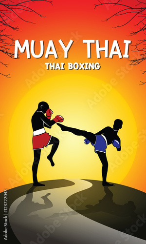 Muay Thai (Thai boxing) vector in sunset scenes background, Red and Blue Fight Fighter