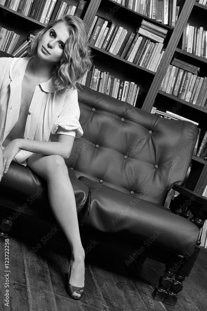 Beautiful sexy girl, library, interior studio Beautiful sexy girl, library, interior studio