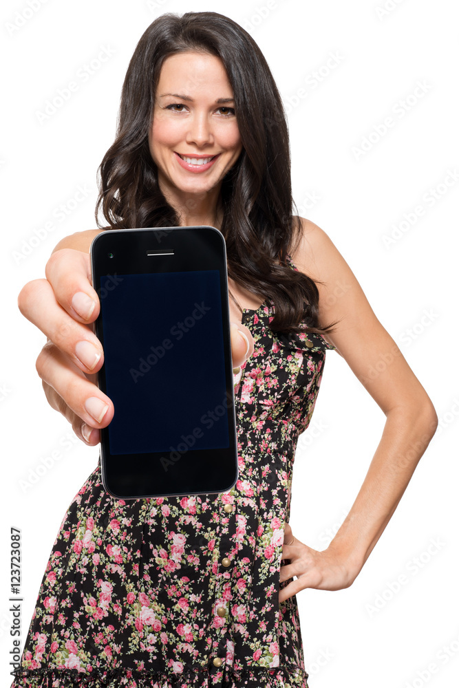 Woman showing blank mobile phone isolated on white background Woman showing blank mobile phone isolated on white background