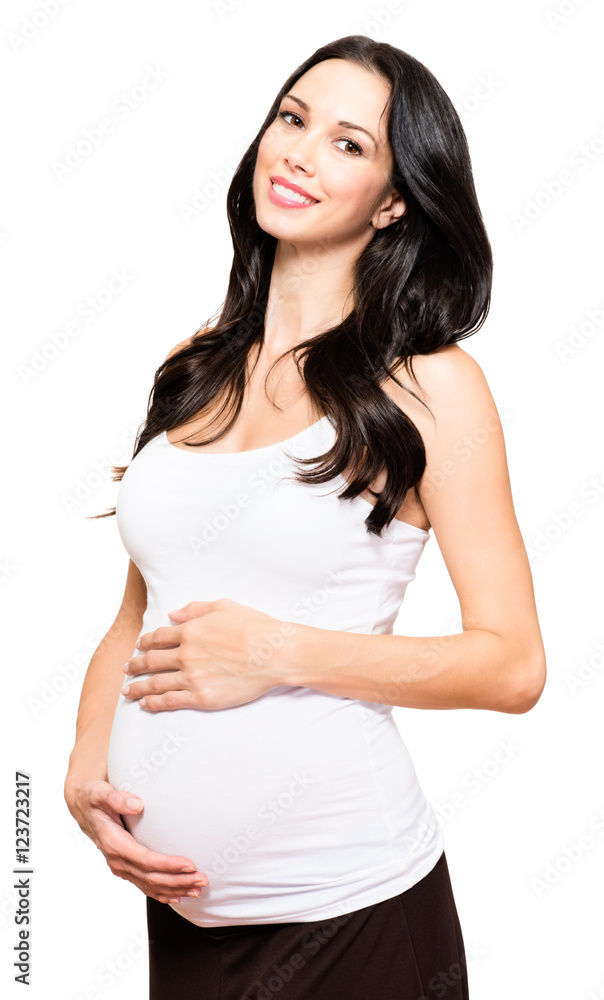 Pregnant woman holding belly isolated on white background Pregnant woman holding belly isolated on white background