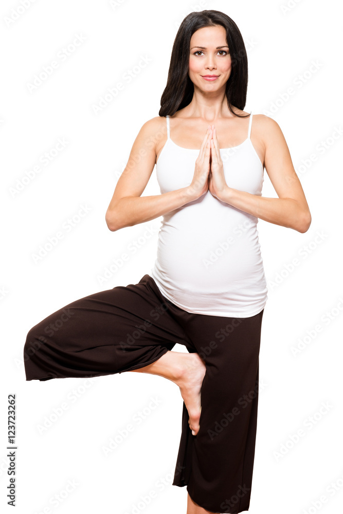 Pregnant woman in Tree Pose isolated on white background Pregnant woman in Tree Pose isolated on white background