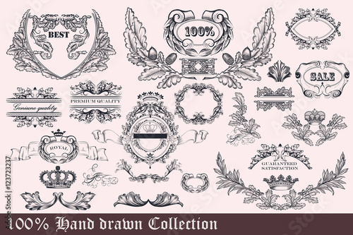 Collection of wreath, frames and ornaments for design. Hand draw