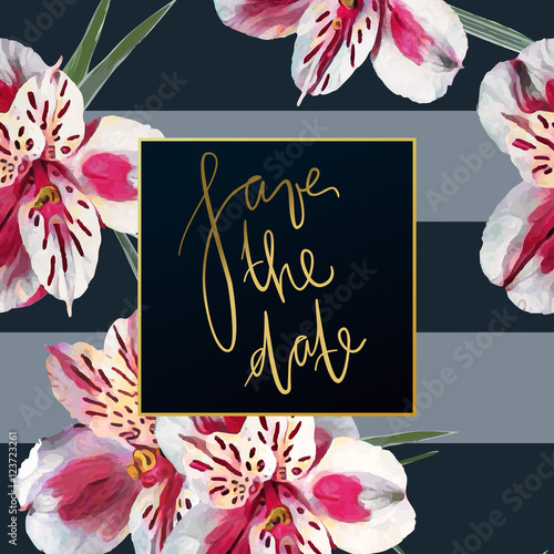 Fototapeta Naklejka Na Ścianę i Meble -  Trendy floral vector invitation template. Alstroemeria flowers illustration. Watercolor cream pink orchids with green leave backdrop.