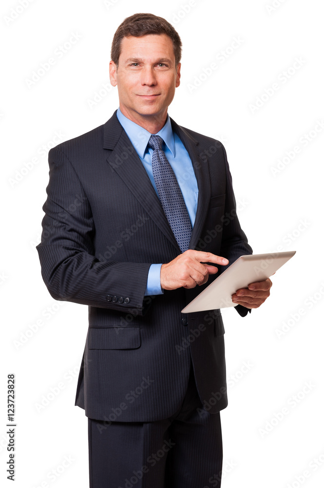 Businessman lawyer financial advisor with digital tablet isolated on white background Businessman lawyer financial advisor with digital tablet isolated on white background