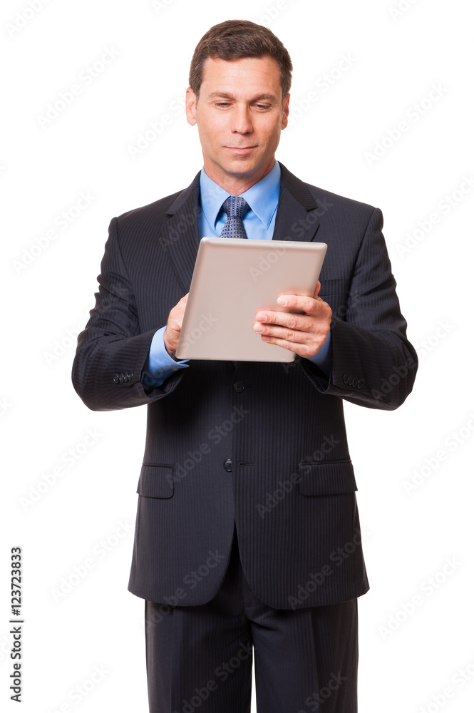 Businessman attorney lawyer ceo using digital tablet computer isolated on White background Businessman attorney lawyer ceo using digital tablet computer isolated on White background