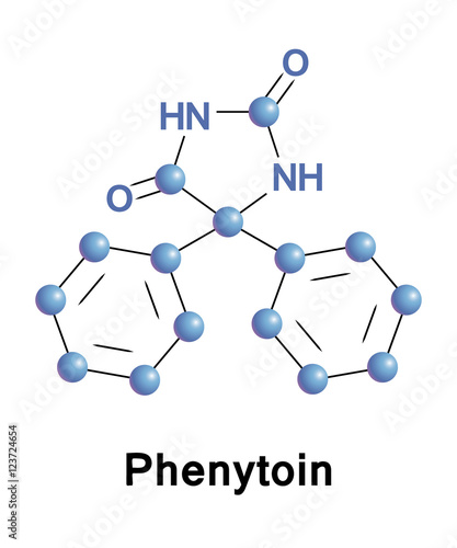Phenytoin is an anti-seizure medication. It is useful for the prevention of tonic-clonic seizures, partial seizures, but not absence seizures. Vector skeletal formula of the drug.