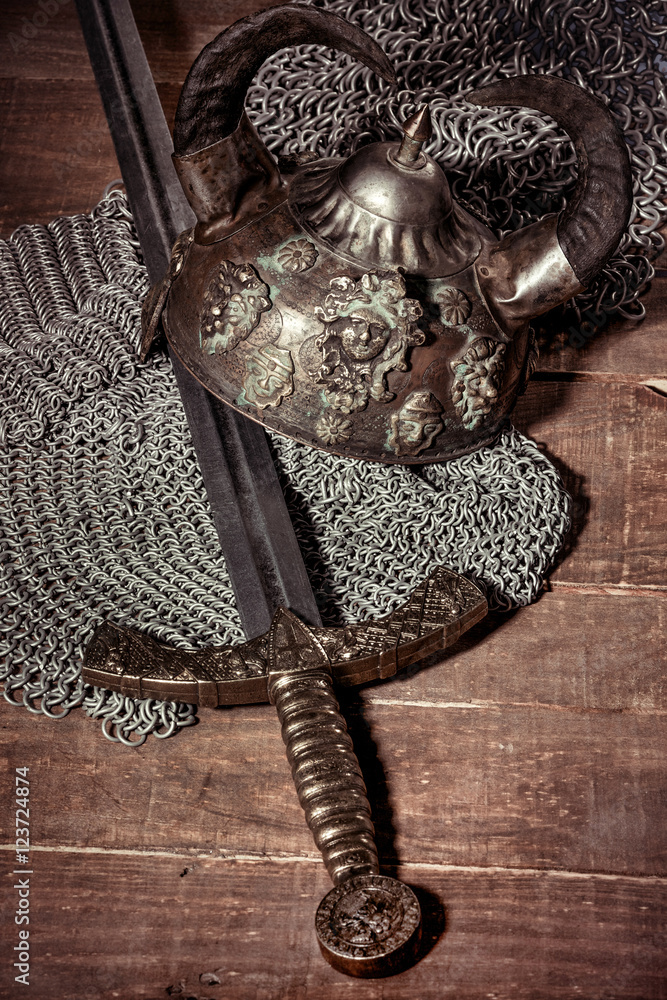 The helmet, sword and coat of mail Viking. Stock Photo | Adobe Stock