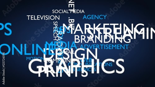 Marketing, branding word tag cloud - blue, English variant, 3D rendering, UHD