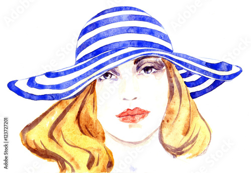 Portrait of a beautiful girl in striped hat, hand painted watercolor fashion illustration