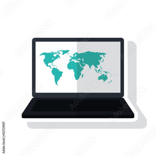 Laptop and map icon. Global communication intenet connectivity web and technology theme. Isolated design. Vector illustration
