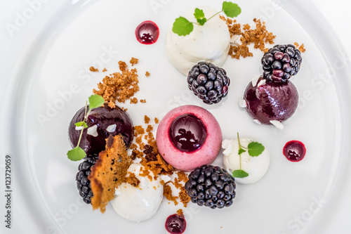 Michelin star dessert with raspberry sweets, cookie crumble, blackberries and sauce on a white plate