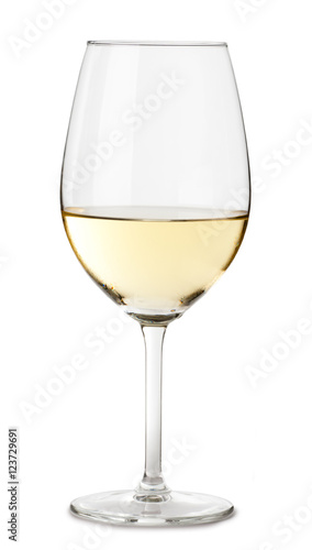 Single white chardonnay wine glass isolated on white background