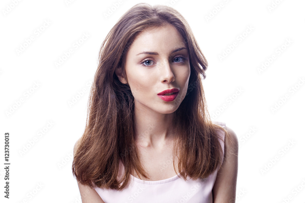 Beautiful woman face close up portrait studio on white Beautiful woman face close up portrait studio on white