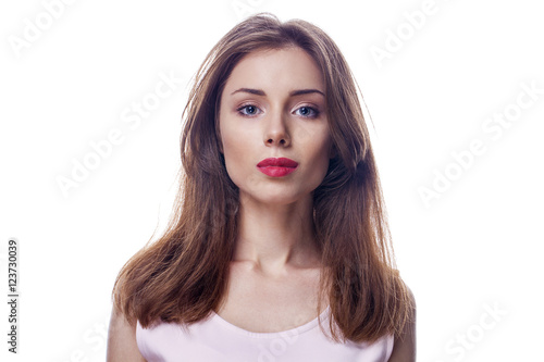 Beautiful woman face close up portrait studio on white