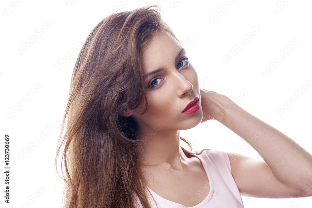 Beautiful woman face close up portrait studio on white Beautiful woman face close up portrait studio on white