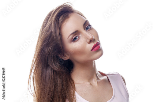 Beautiful woman face close up portrait studio on white