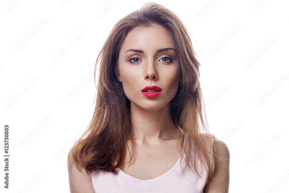 Beautiful woman face close up portrait studio on white Beautiful woman face close up portrait studio on white