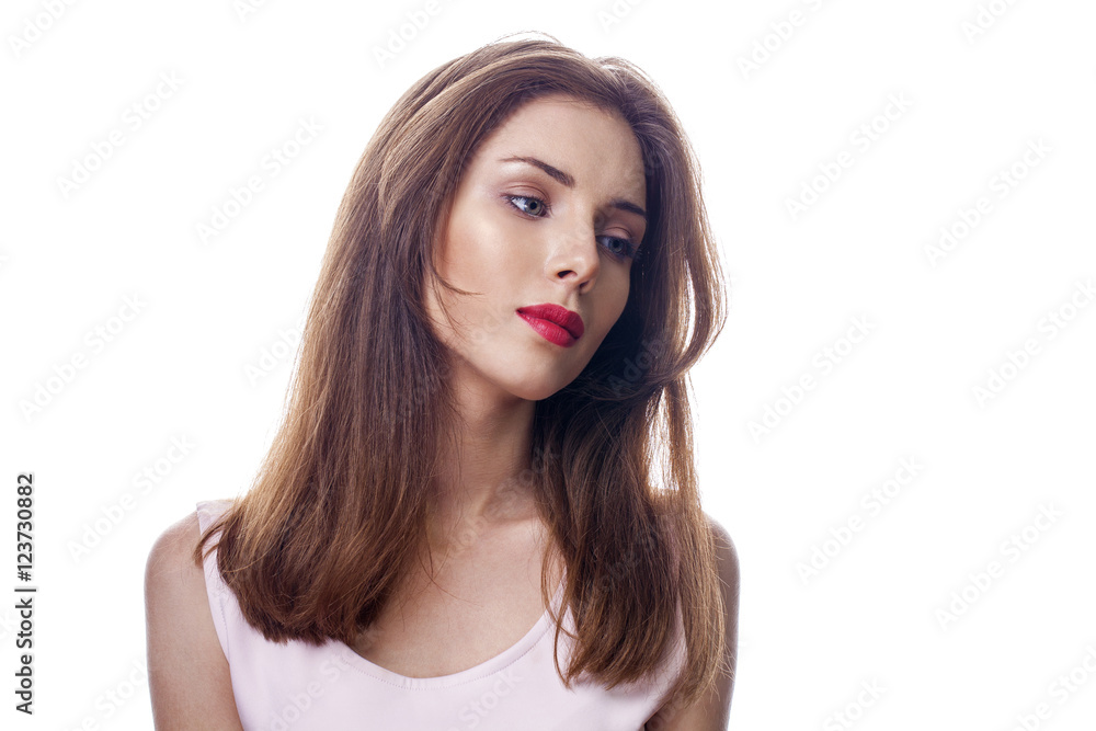 Beautiful woman face close up portrait studio on white Beautiful woman face close up portrait studio on white