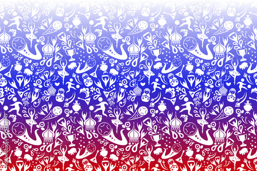 Russia 2018 championship inspired vector background illustration.Hand drawn Russia wallpaper image. Creative background with balalaika, kokoshnik, ball. Funny wallpaper for textile and fabric.