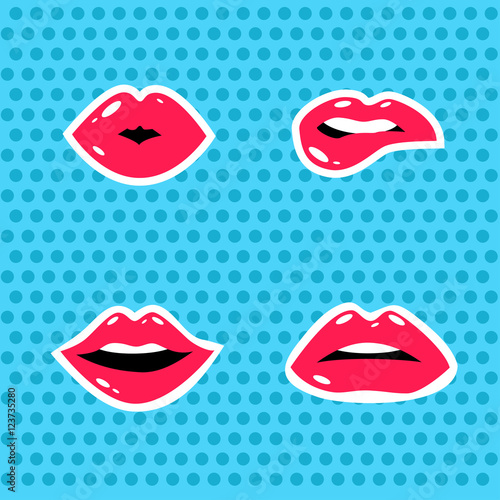 Cosmetics and makeup seamless pattern. Closeup beautiful lips of woman with red lipstick and gloss. Sexy wet lip make-up. Open mouth. Sweet kiss.Funny wallpaper for textile and fabric. Fashion style.