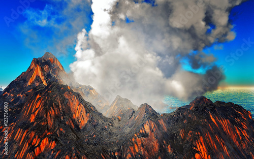 Canvas Print Smoking caldera of the volcano 3d rendering