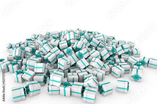 White gift boxes with cyan ribbon bow