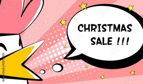Christmas Sale card with cock and text cloud. Comics style. Vector