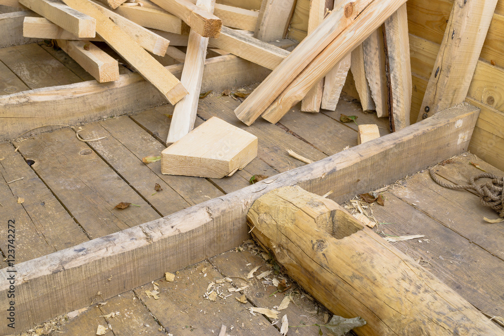 Fresh boards and wood shavings Fresh boards and wood shavings