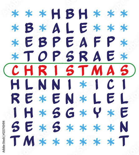 Christmas background. Crossword puzzle for the word Christmas and related words - Christ, Bethlehem, Born, Happiness, Blessing, Heart, Family, Peace, Silent. Isolated on white background.