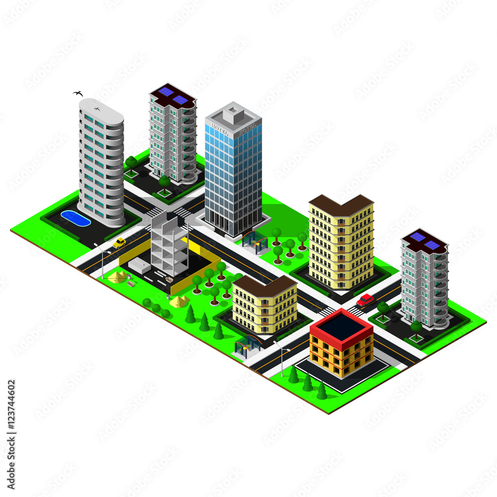 Isometric city. Map includes business center, offices, hotel, car, street lamp, markings, constraction and skyscrapers. 3d map icon.
