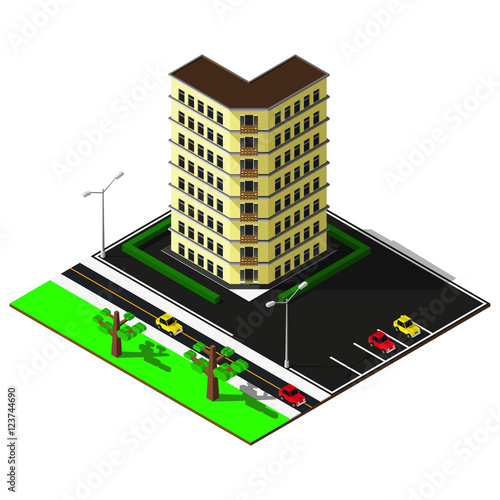 Isometric city map. 3d building with parking illustration. Isometric elements.
