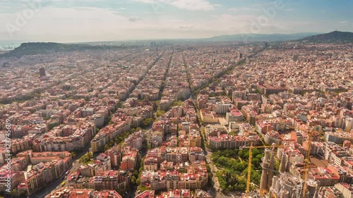 summer day barcelona cityscape sagrada familia aerial panorama 4k time lapse spain
 photo