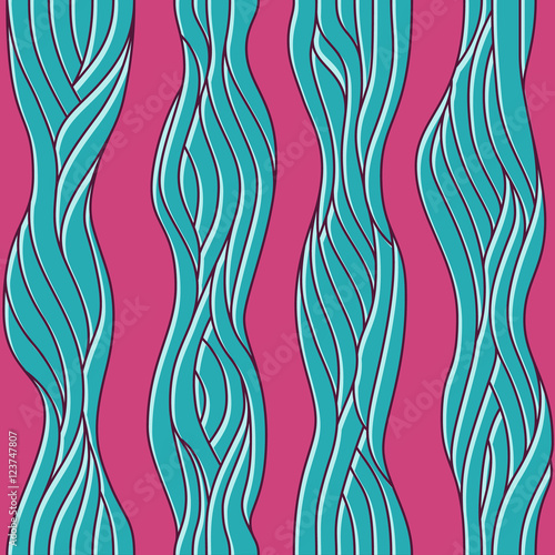 Seamless abstract background with braids. Hand-drawn cyan plaits on pink backdrop.